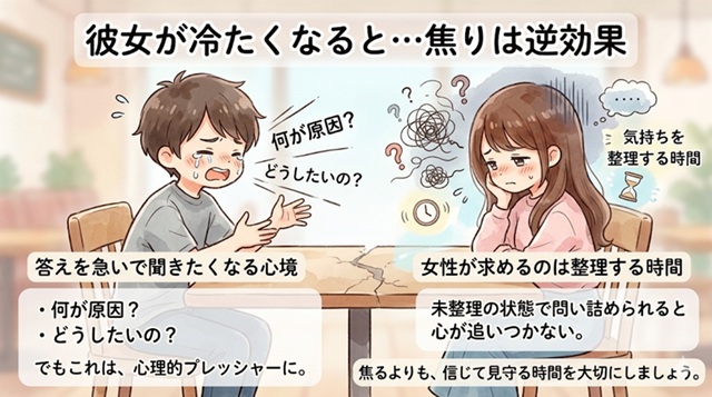 彼女が冷たくなったときに焦って問い詰めるのは逆効果だと解説した復縁向けイラスト。