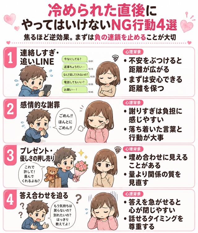 冷められた直後にやってはいけないNG行動4選をまとめた復縁向けイラスト。
