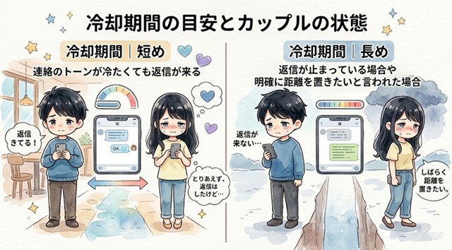 冷却期間の目安とカップルの状態を比較した復縁向けイラスト。