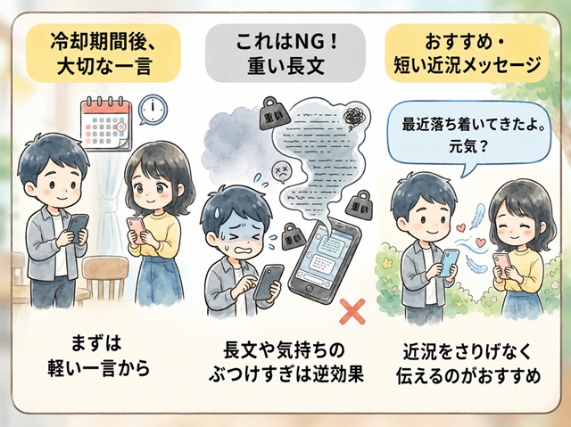 冷却期間後の最初の連絡は、重い長文ではなく短い近況メッセージがよいことを解説した復縁向けイラスト。