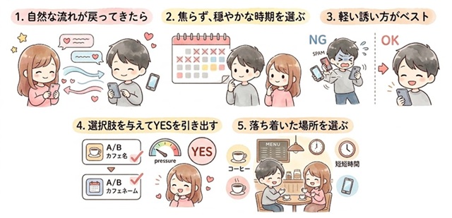復縁で自然に会う約束をするための誘い方を解説した復縁向けイラスト。