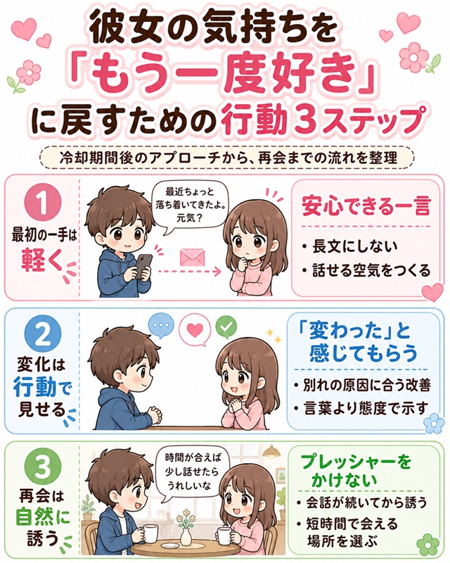 彼女の気持ちをもう一度好きに戻すための行動3ステップを解説した復縁向けイラスト。