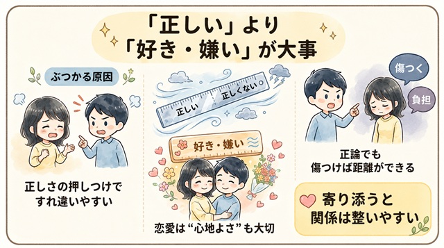 恋愛で正しさを押しつけるより、相手の気持ちに寄り添う大切さを解説した復縁向けイラスト。