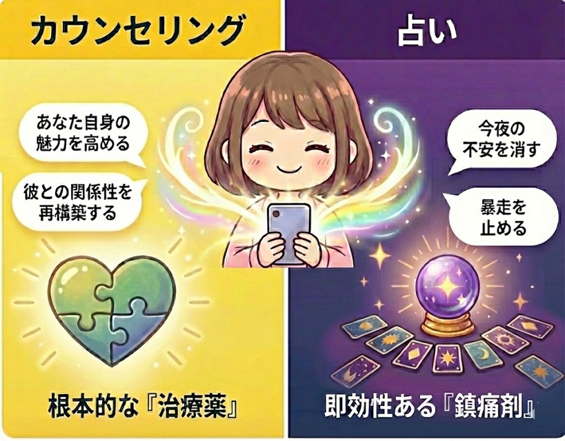 「カウンセリング」と「占い」を解説したイラスト図