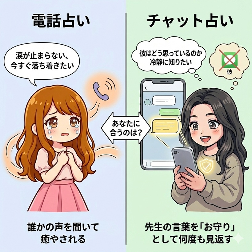 「電話占い」「チャット占い」を解説したイラスト図