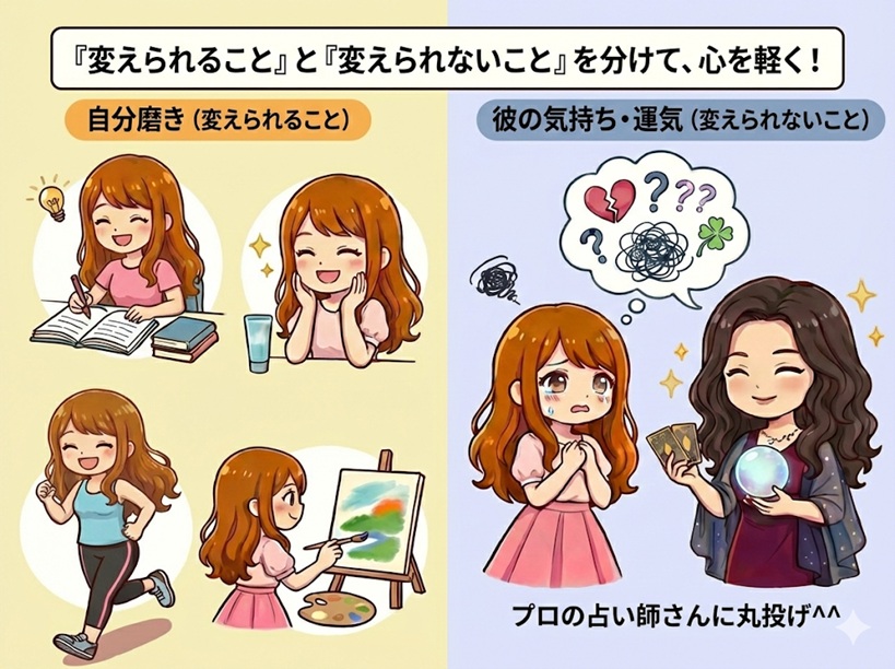 「変える事」「変えられないこと」を解説したイラスト図