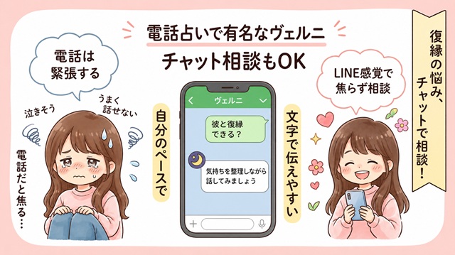 電話占いヴェルニのチャット相談と電話相談の使いやすさを紹介した復縁向けイラスト。