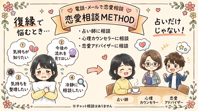 復縁の悩みを恋愛相談METHODで相談できることを紹介した復縁向けイラスト。