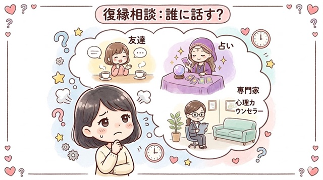 復縁相談を友達・占い・専門家の誰に話すべきか迷う女性を描いた復縁向けイラスト。