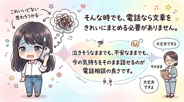復縁の電話相談は文章をきれいにまとめなくても気持ちをそのまま話せることを解説したイラスト。