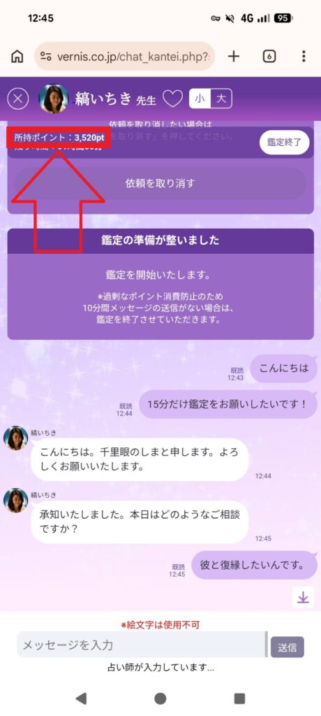 実際の鑑定画面。ポイントが見えることを説明している。
