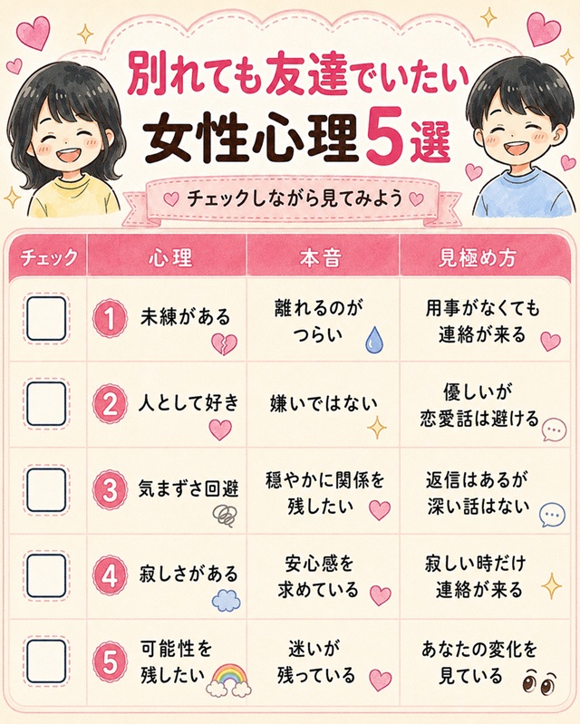 別れても友達でいたい女性心理5選のチェックリスト。