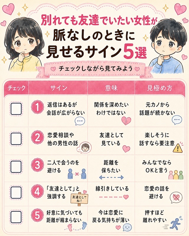 別れても友達でいたい女性の脈なしサイン5選のチェックリスト。
