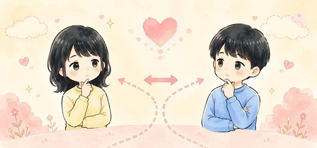 元カノと友達でいるべきか距離を置くべきか迷う男女のイラスト。